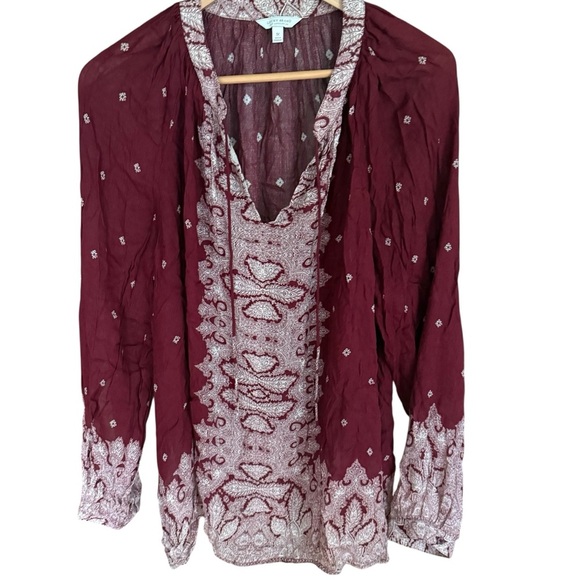 Lucky Brand Womens Border Print Peasant Tunic Top Blouse Size Large 1X Maroon - Picture 3 of 11